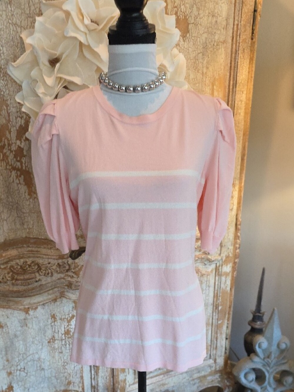 Anne Klein Pink and White Striped Short Sleeve Puff Top - Picture 4 of 10